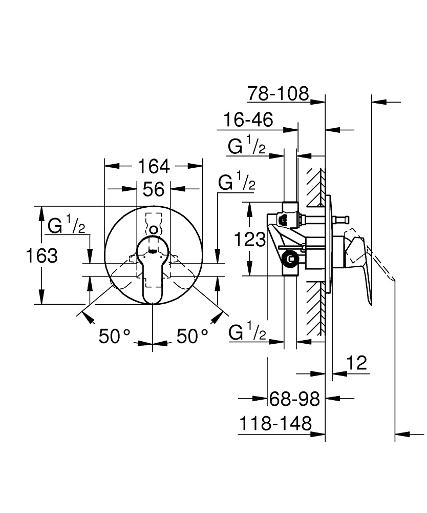 Grohe Bauedge Ankastre Banyo ve Duş Bataryası 29079000 teknik çizim