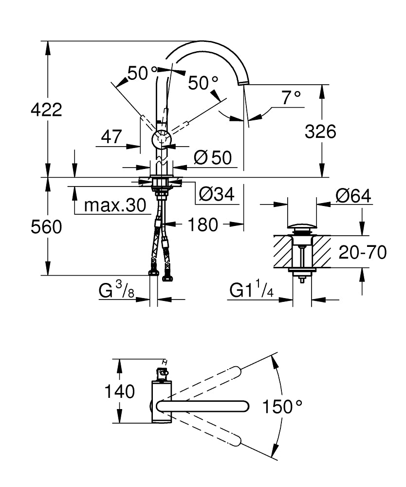 Grohe Lavabo Bataryası Atrio XL Boyut Brushed Hard Graphite – 24365AL0 teknik çizim