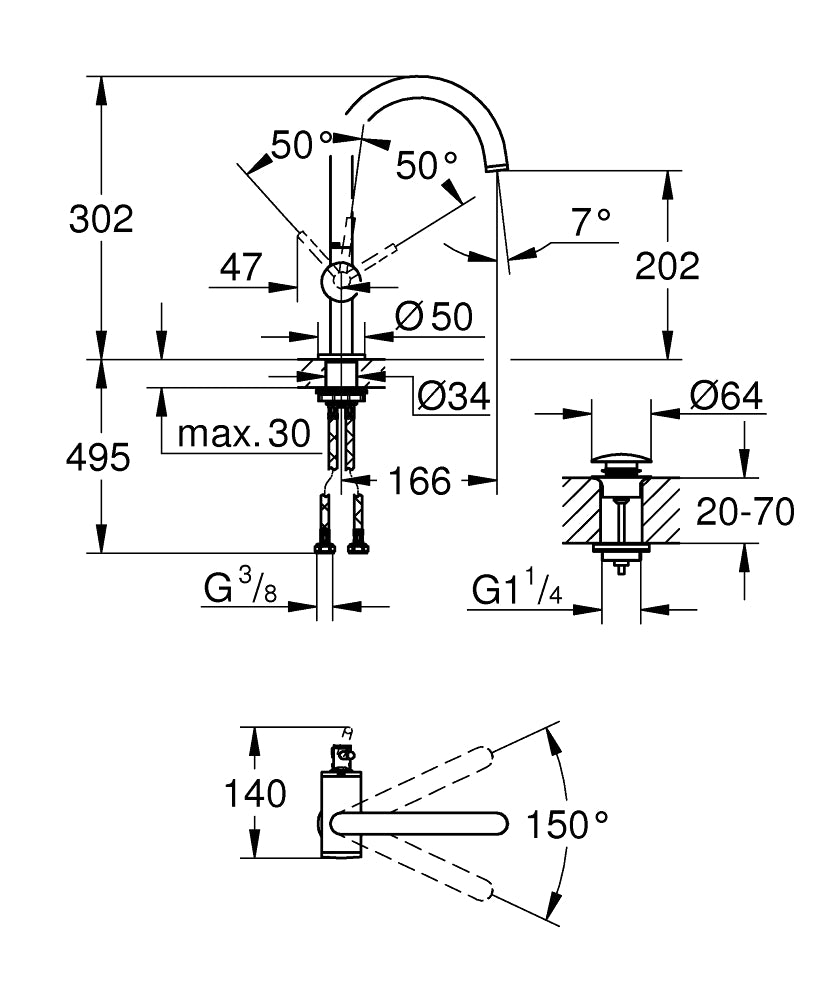 Grohe Lavabo Bataryası Atrio L Boyut Brushed Hard Graphite – 24362AL0 teknik çizim