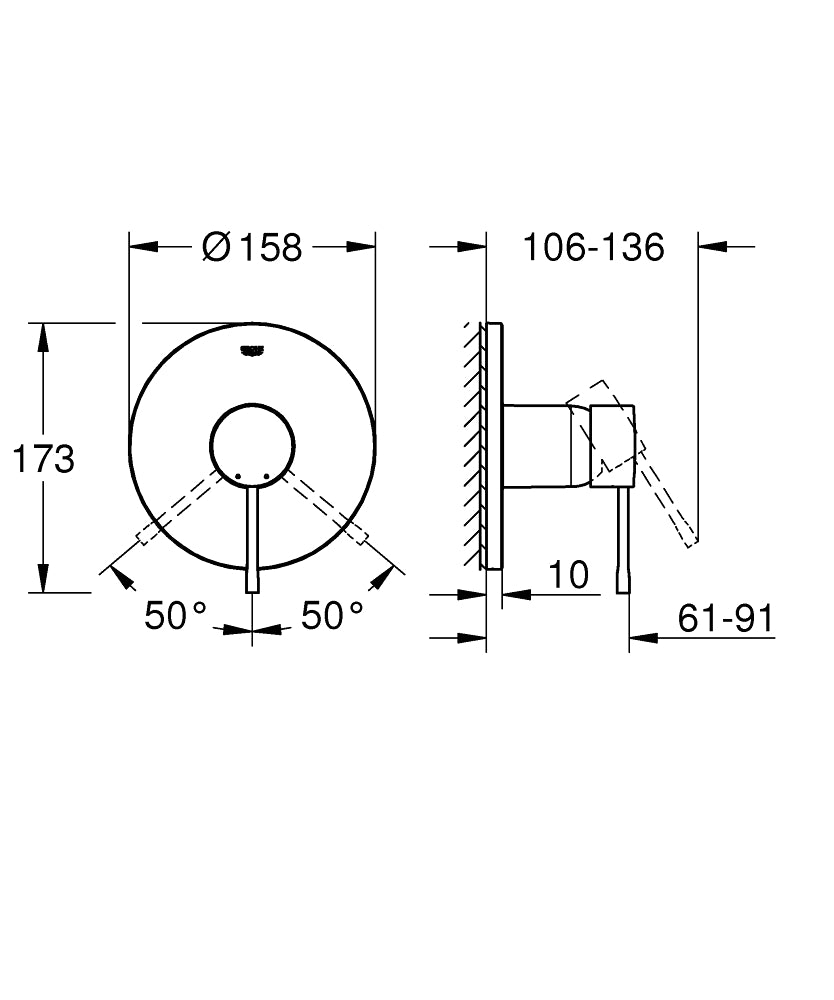 Grohe Ankastre Duş Bataryası 1 Çıkışlı Essence Krom - 24057001 teknik çizim