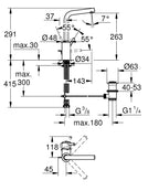Grohe Lavabo Bataryası  Concetto L-Boyut Krom - 23739002 teknik çizim