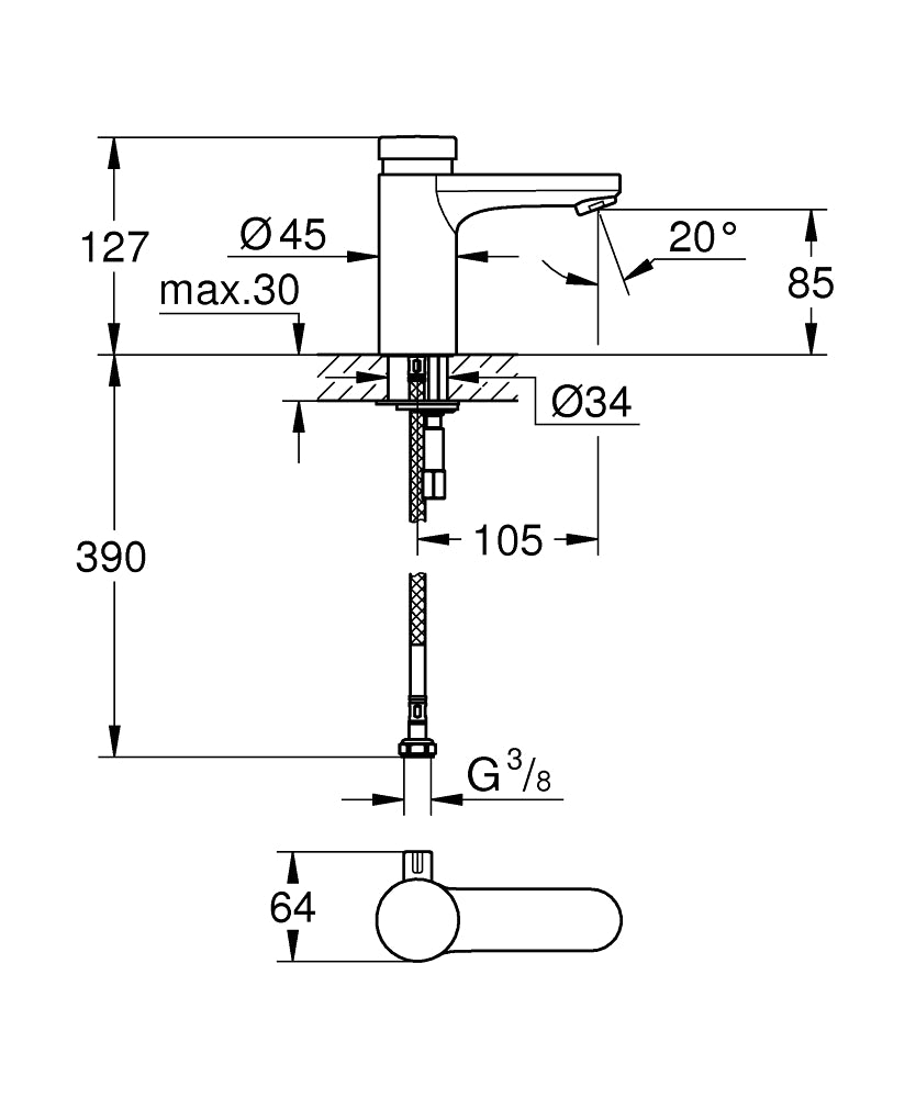 Grohe Eurosmart Cosmopolitan T Zaman Ayarlı Lavabo Bataryası, Çift Su Girişli - 36317000 teknik çizim