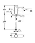 Grohe Eurosmart Cosmopolitan T Zaman Ayarlı Lavabo Bataryası, Çift Su Girişli - 36317000 teknik çizim