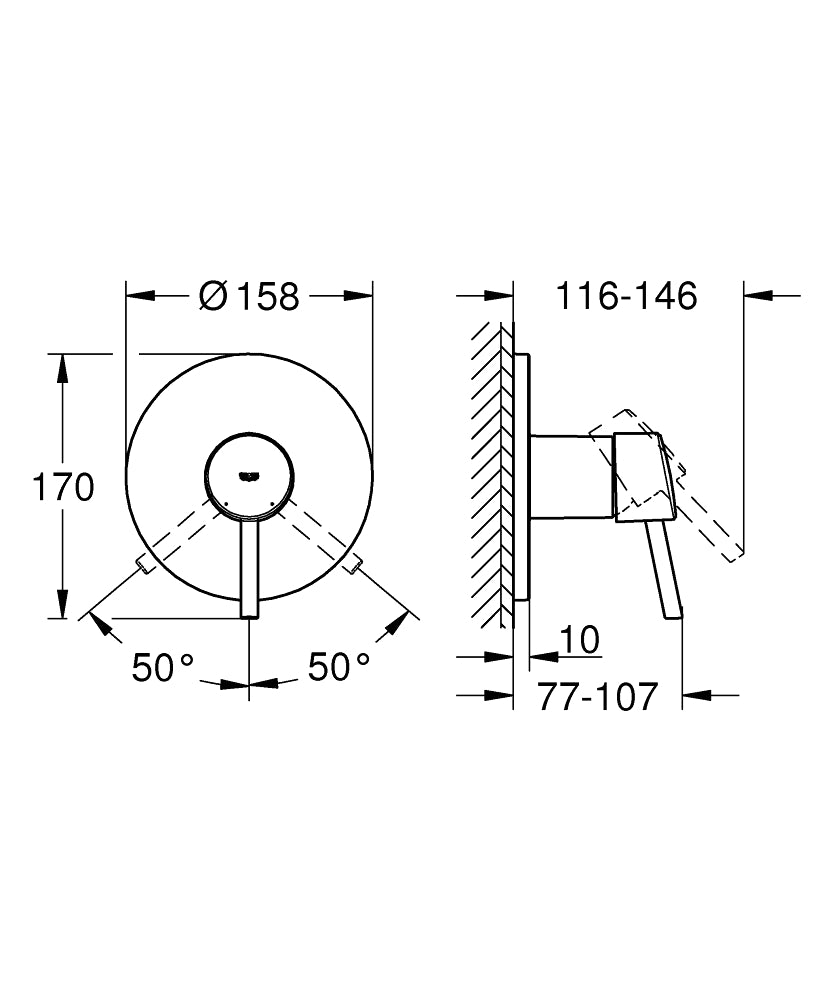 Grohe Concetto Ankastre Duş Bataryası 1 çıkışlı- 24053001 teknik çizim