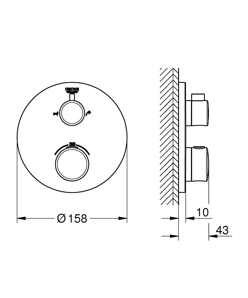 Grohe Grohtherm Termostatik Banyo Duş Bataryası 2 çıkışlı divertörlü- 24077000 teknik çizim