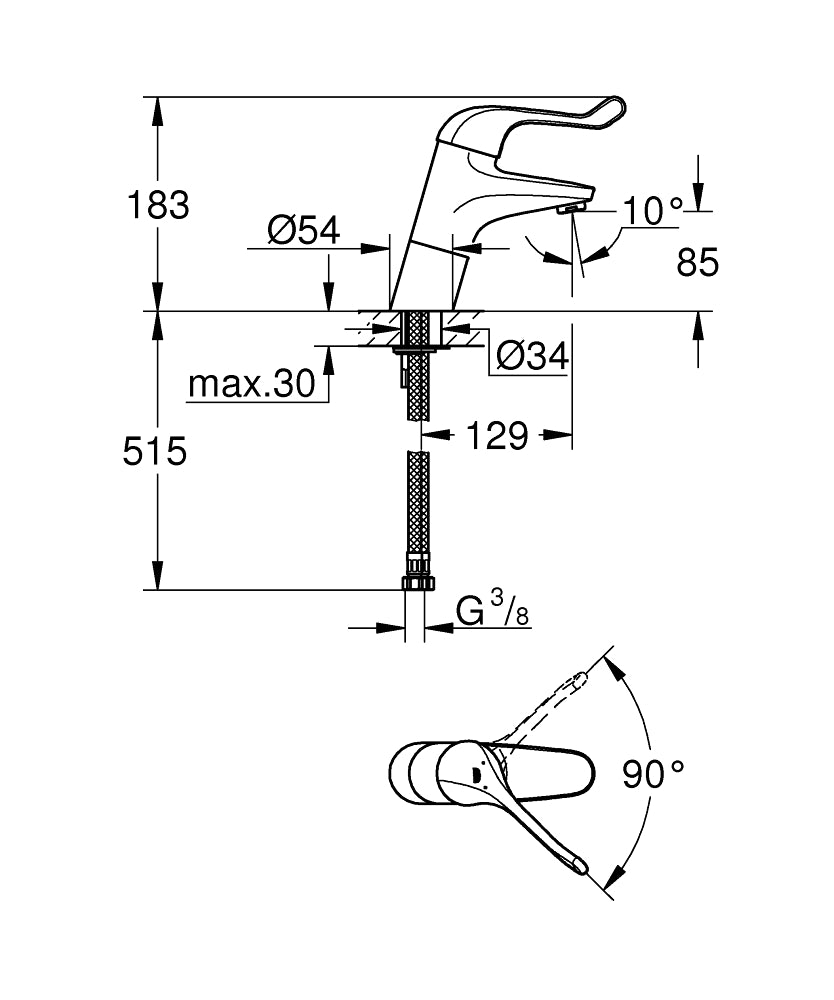 Grohe Lavabo Bataryası Engelli Kullanımına Uygun Krom - 32790000 teknik çizim