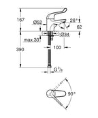 Euroeco SSC Uzun Kumanda Kollu Lavabo Bataryası - 32789000 teknik çizim