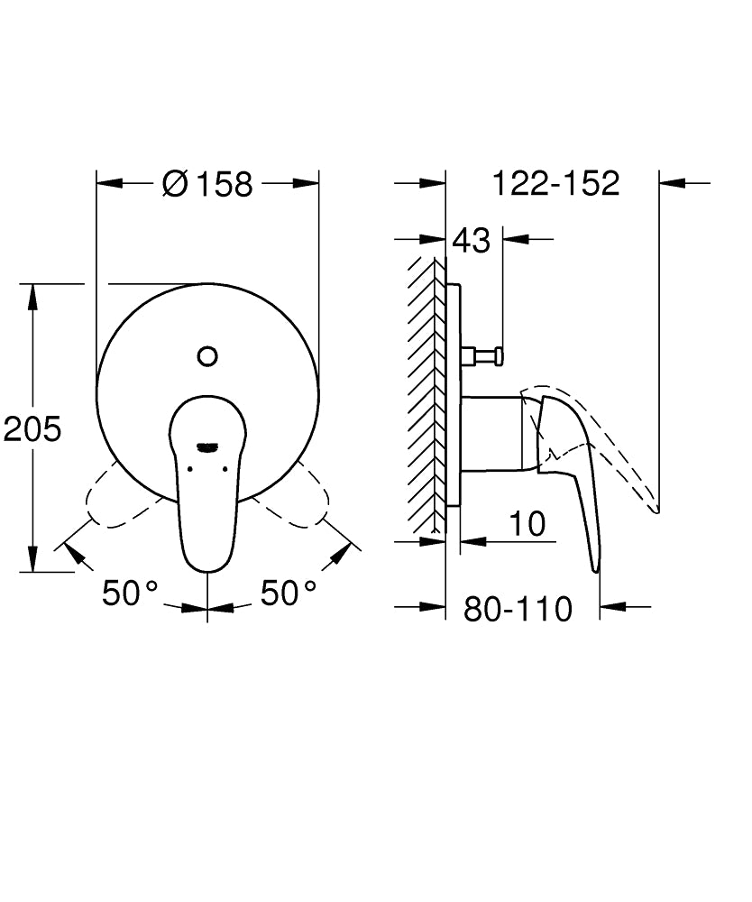 Grohe Eurostyle Ankastre Banyo Duş Bataryası 2 çıkışlı divertörlü- 24047003 teknik çizim