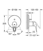 Grohe Eurostyle Ankastre Banyo Duş Bataryası 2 çıkışlı divertörlü- 24049003 teknik çizim