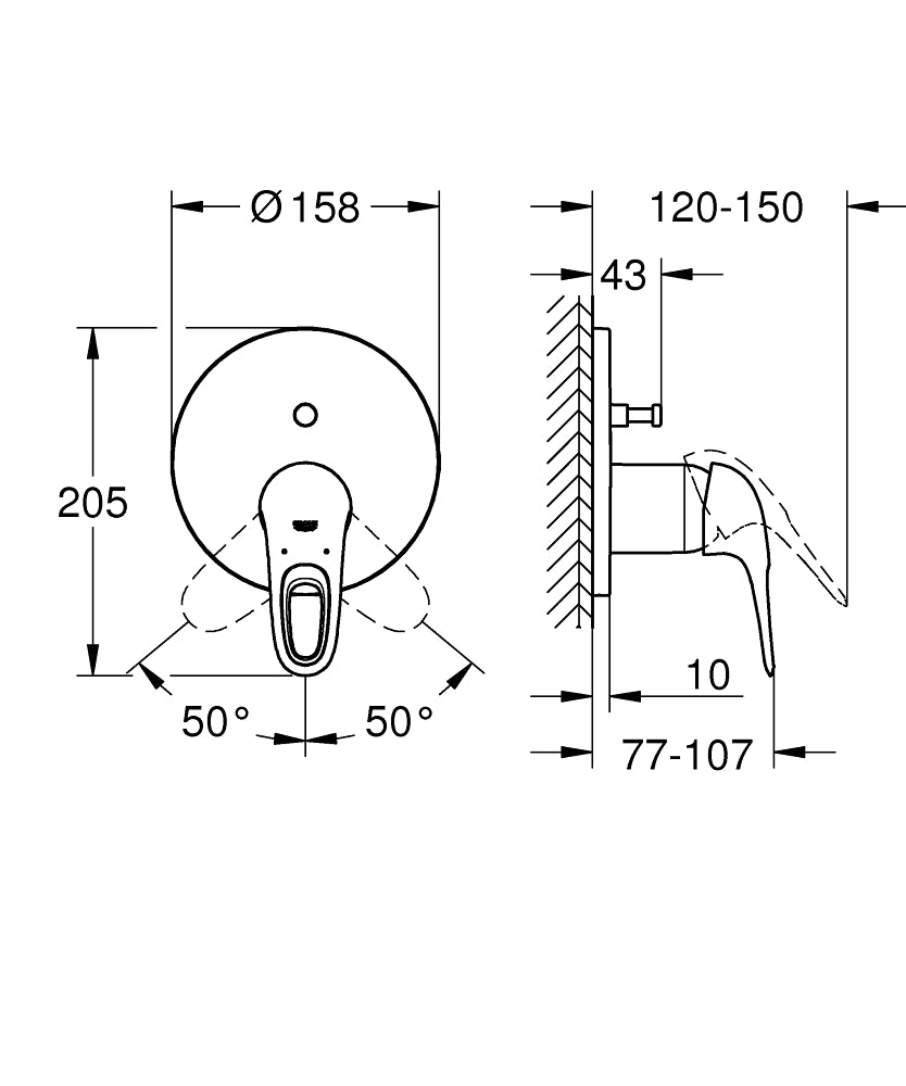 Grohe Eurostyle Ankastre Banyo Duş Bataryası 2 çıkışlı divertörlü- 24049003 teknik çizim
