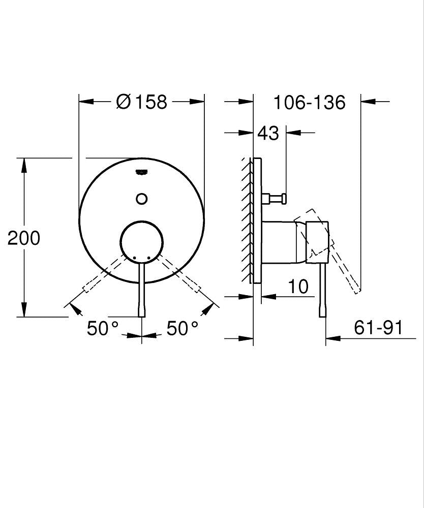 Grohe Essence Ankastre Banyo Duş Bataryası 2 çıkışlı divertörlü- 24058001 teknik çizim