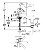 Grohe Eurodisc CosmopolitanTek kumandalı lavabo bataryası 1/2" L-Boyut teknik çizim