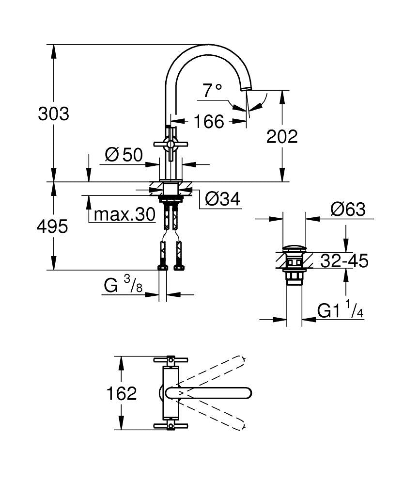 Grohe Lavabo Bataryası Atrio L-Boyut Cool Sunrise - 21144GL0 teknik çizim