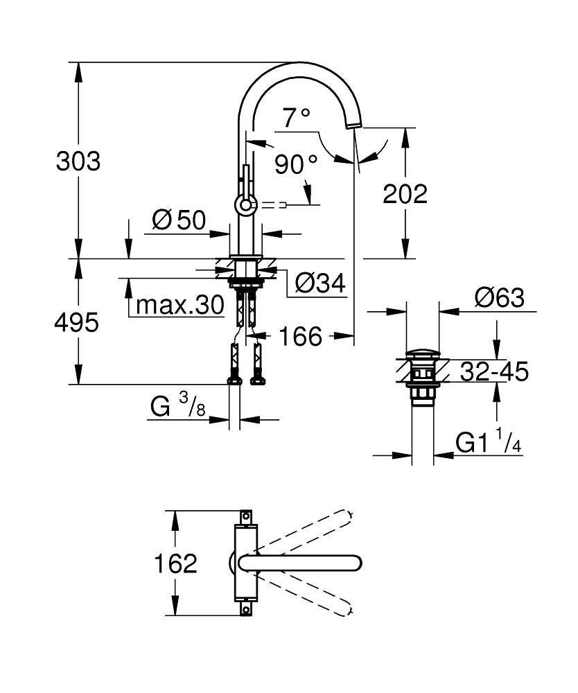 Grohe Lavabo Bataryası Atrio L Boyut Krom – 21145000 teknik çizim