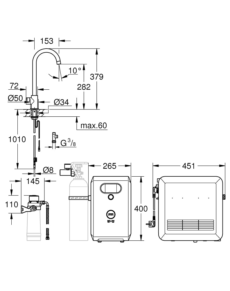 Grohe Blue Professional Arıtmalı İçme Suyu ve Soda Yapan Batarya- 31302002 teknik çizim