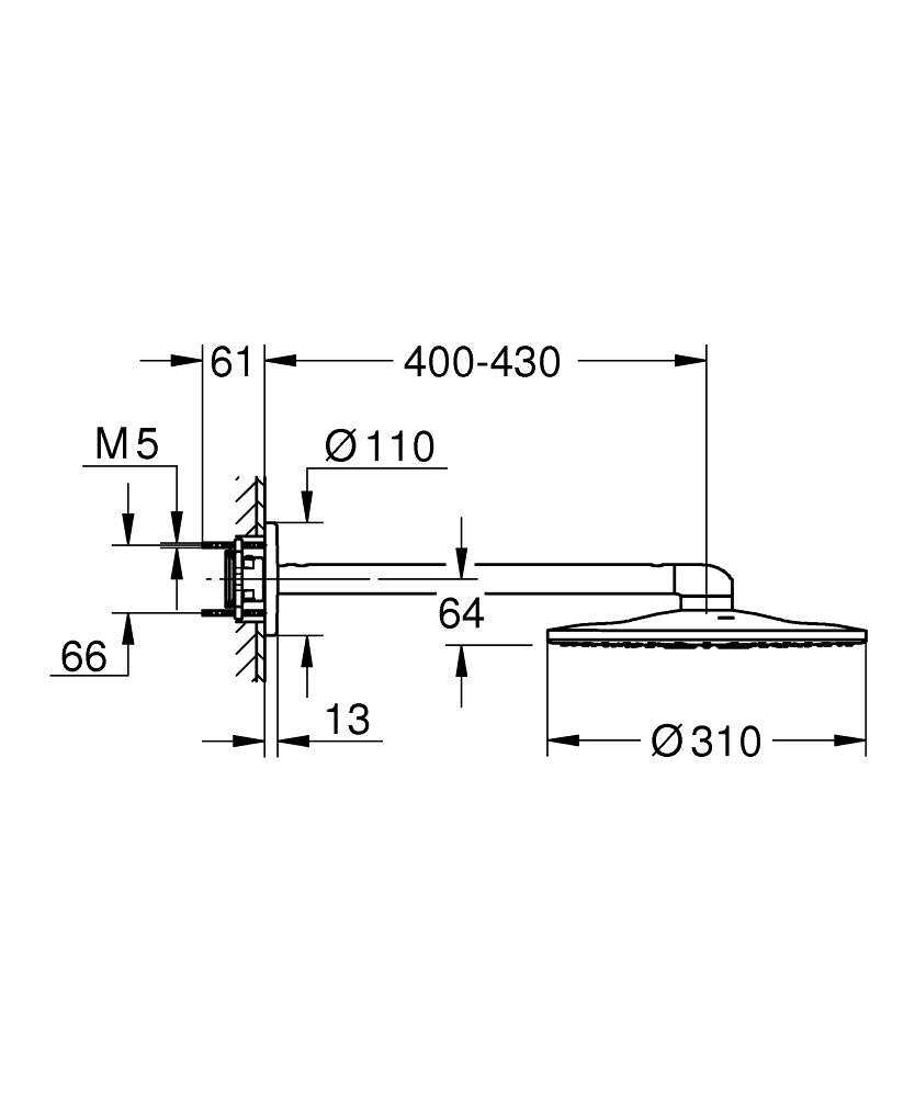 Grohe Rainshower Smartactive 310 Tepe Duşu Seti 430 Mm, 2 Akışlı Brushed Hard Graphite - 26475Al0 teknik çizim