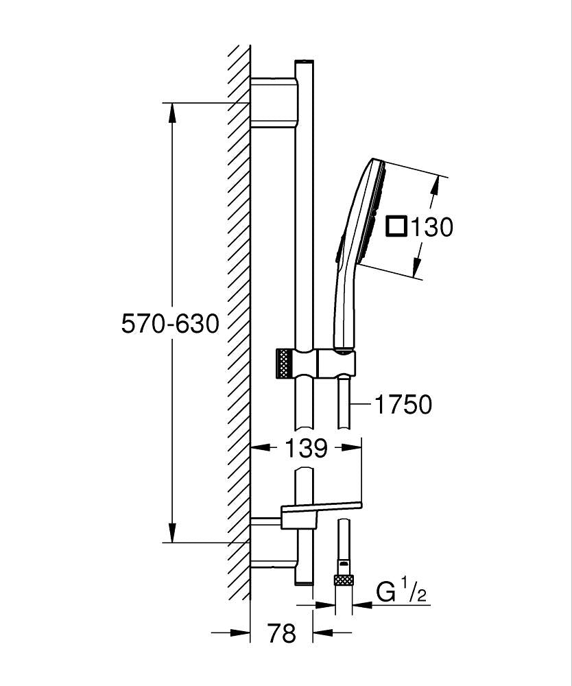Grohe Rainshower Smartactive 130 Cube Sürgülü Duş Seti 3 Akışlı Beyaz - 26584LS0 teknik çizim