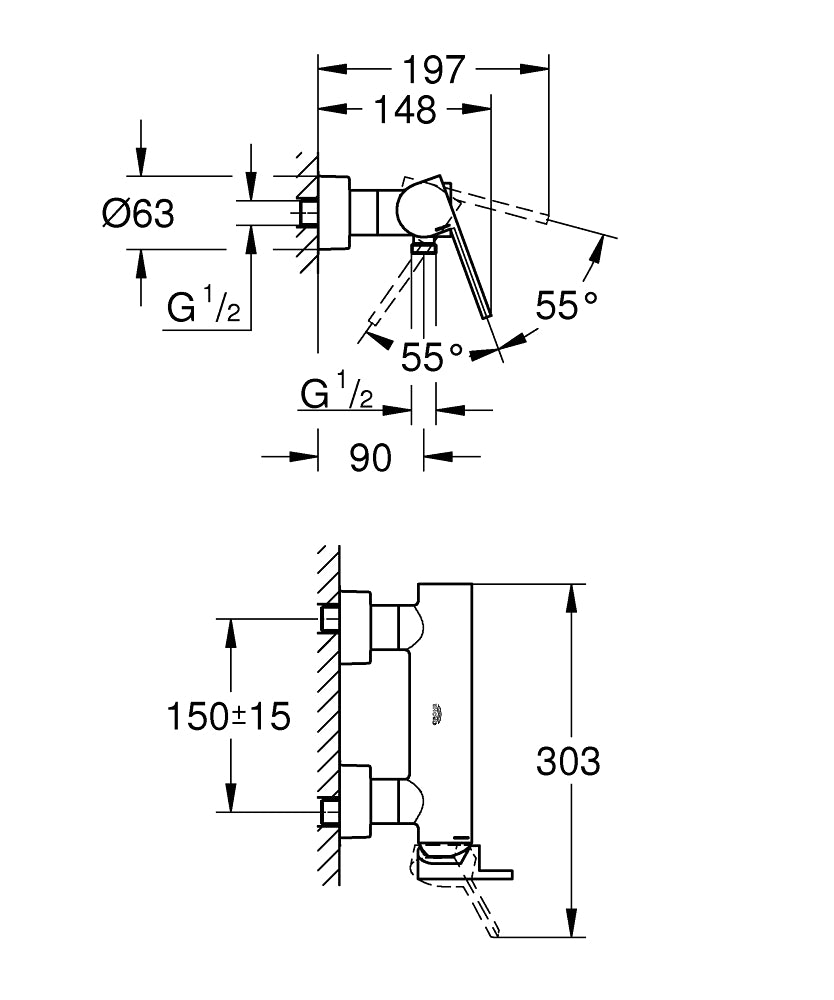 Grohe Duş Bataryası Plus Krom - 33577003 teknik çizim