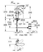 Grohe Lavabo Bataryası Eurostyle L-Boyut Krom - 23569003 teknik çizim