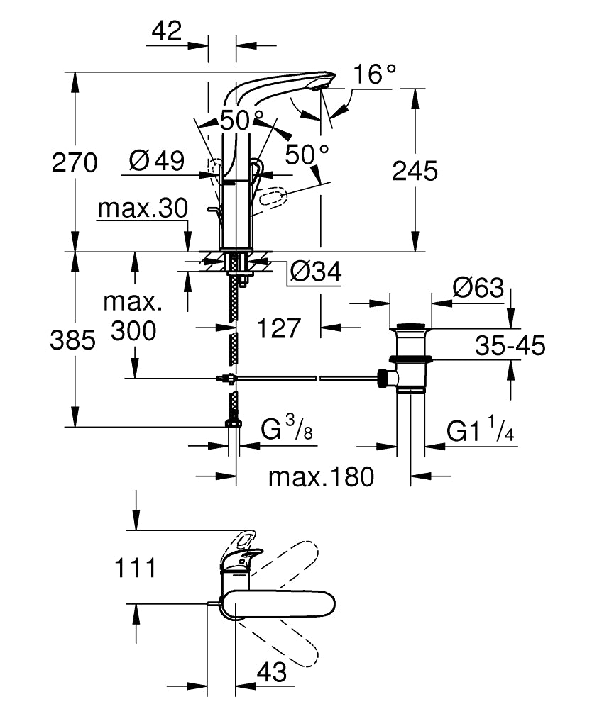 Grohe Lavabo Bataryası Eurostyle L-Boyut Krom - 23569003 teknik çizim