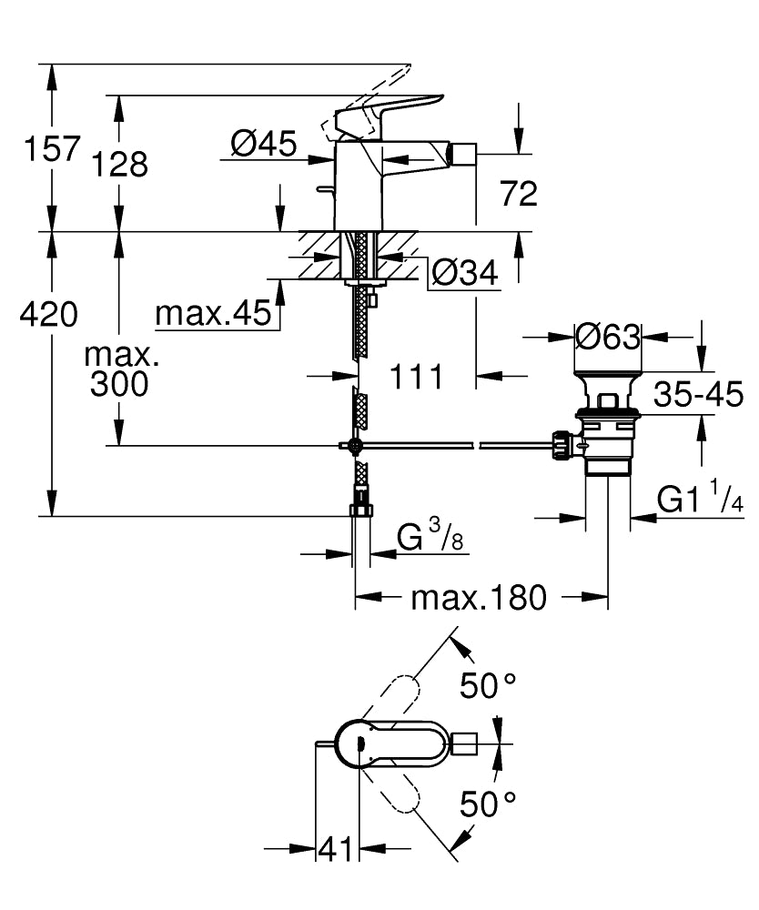 Grohe BauEdge Bide Bataryası-23331000 teknik çizim