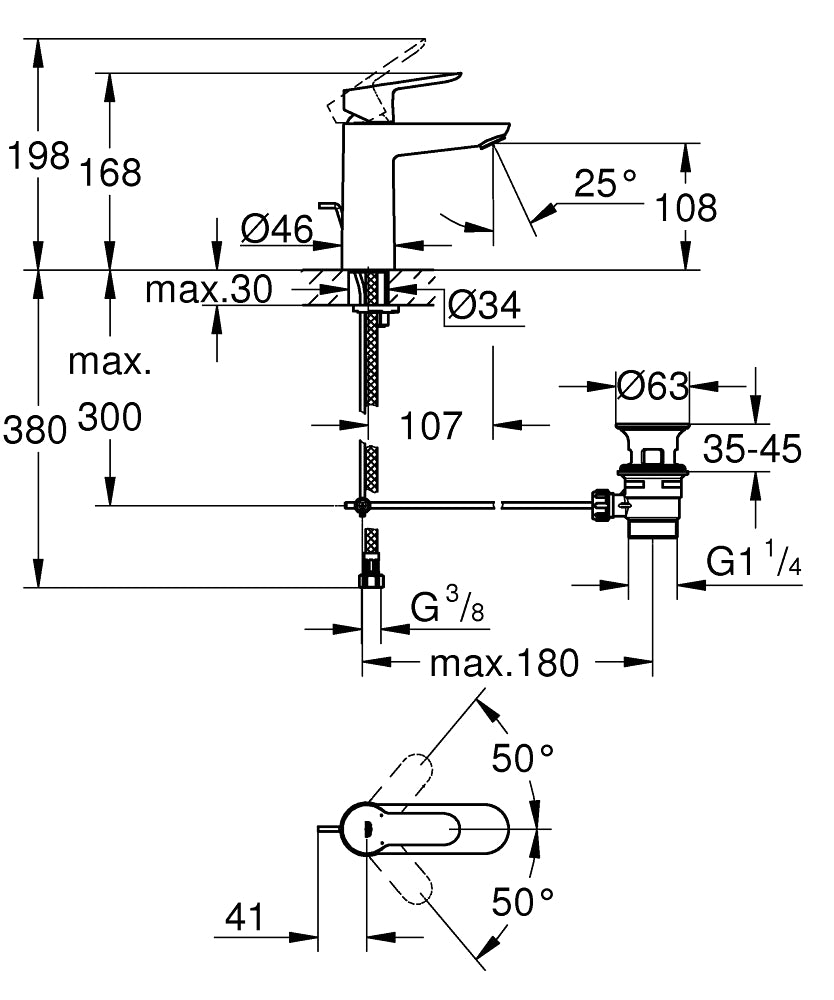 Grohe Lavabo Bataryası BauEdge M Boyut Krom - 23758000 teknik çizim