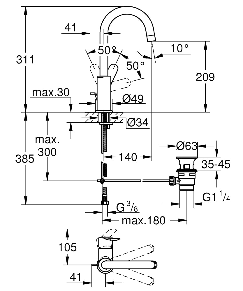 Grohe Lavabo Bataryası  BauEdge L-Boyut Krom - 23760000 teknik çizim