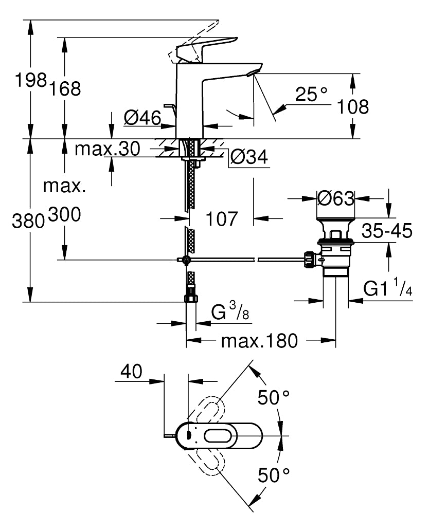 Grohe Bau Loop Tek Kumandalı Lavabo Bataryası  M- Boyut - 23762000 teknik çizim