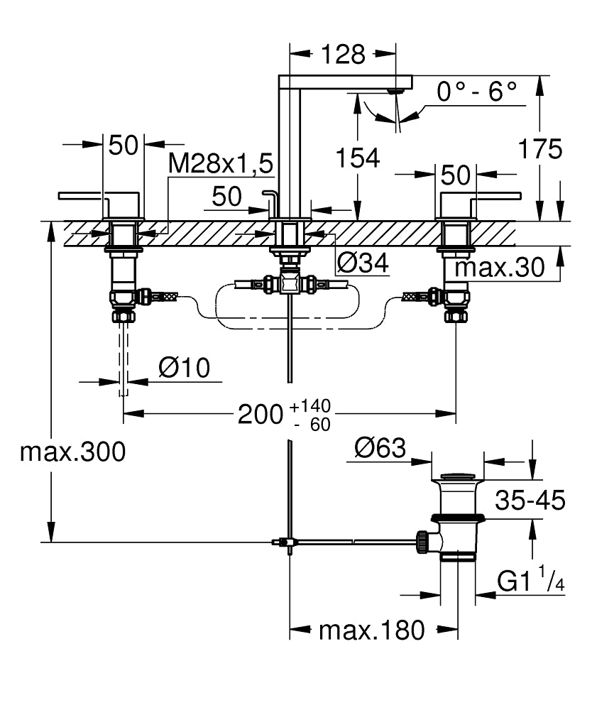 Grohe Lavabo Bataryası 3 Delikli Plus Krom - 20301003 teknik çizim