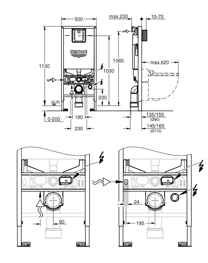 Grohe Rapid SLX 3'ü 1 arada Gömme Rezervuar Pnömatik Alçıpan Tipi 13 cm - 39598000 teknik çizim