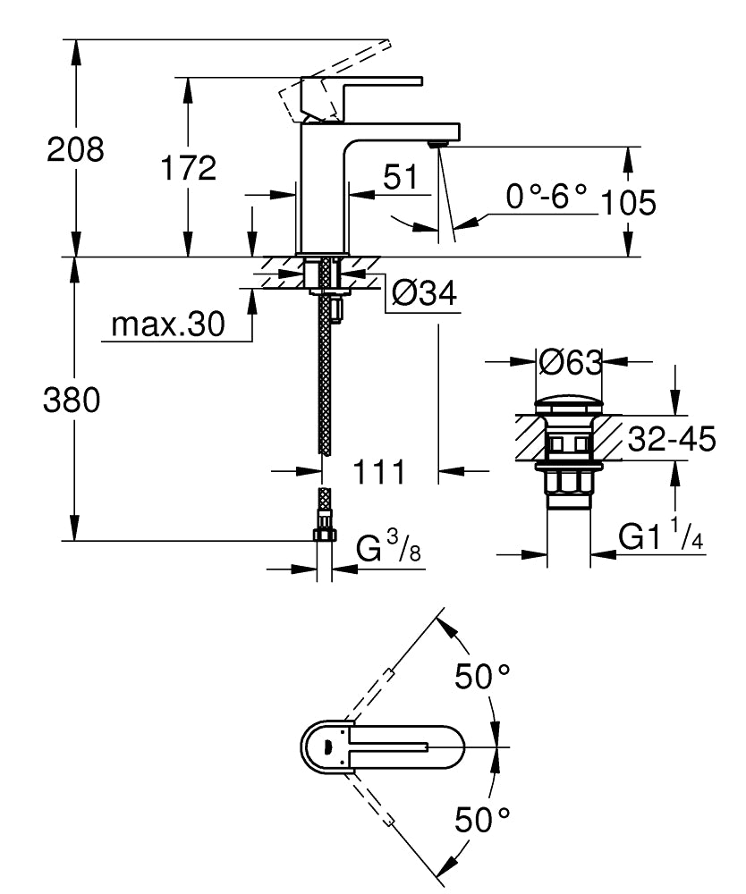 Grohe Plus Tek Kumandalı Lavabo Bataryası S-Boyut 33163003 teknik çizim