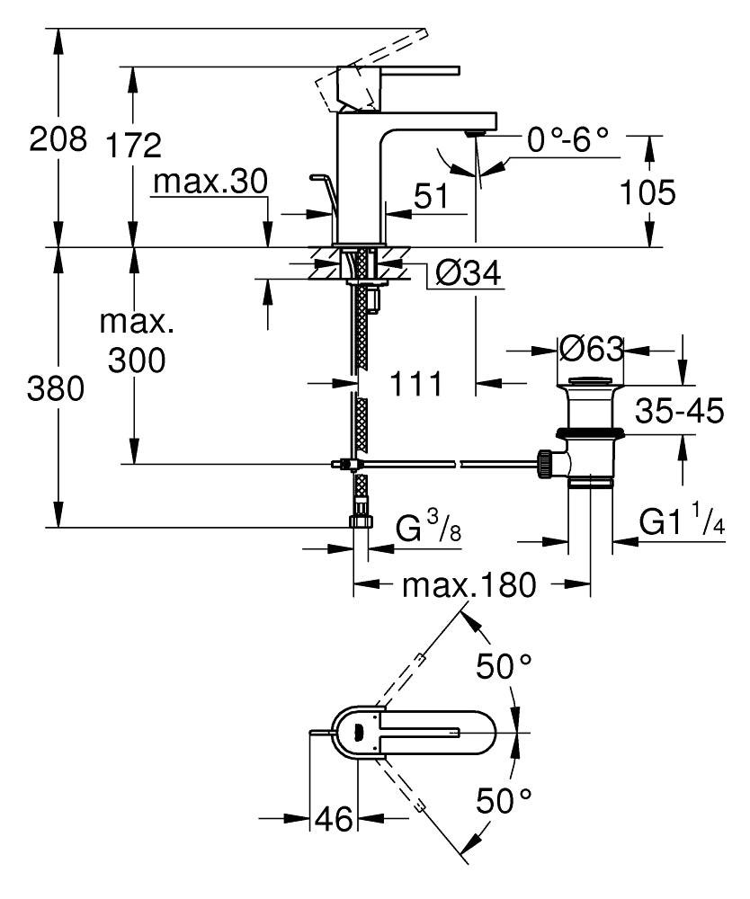 Grohe Lavabo Bataryası Plus S-Boyut Krom - 32612003 teknik çizim