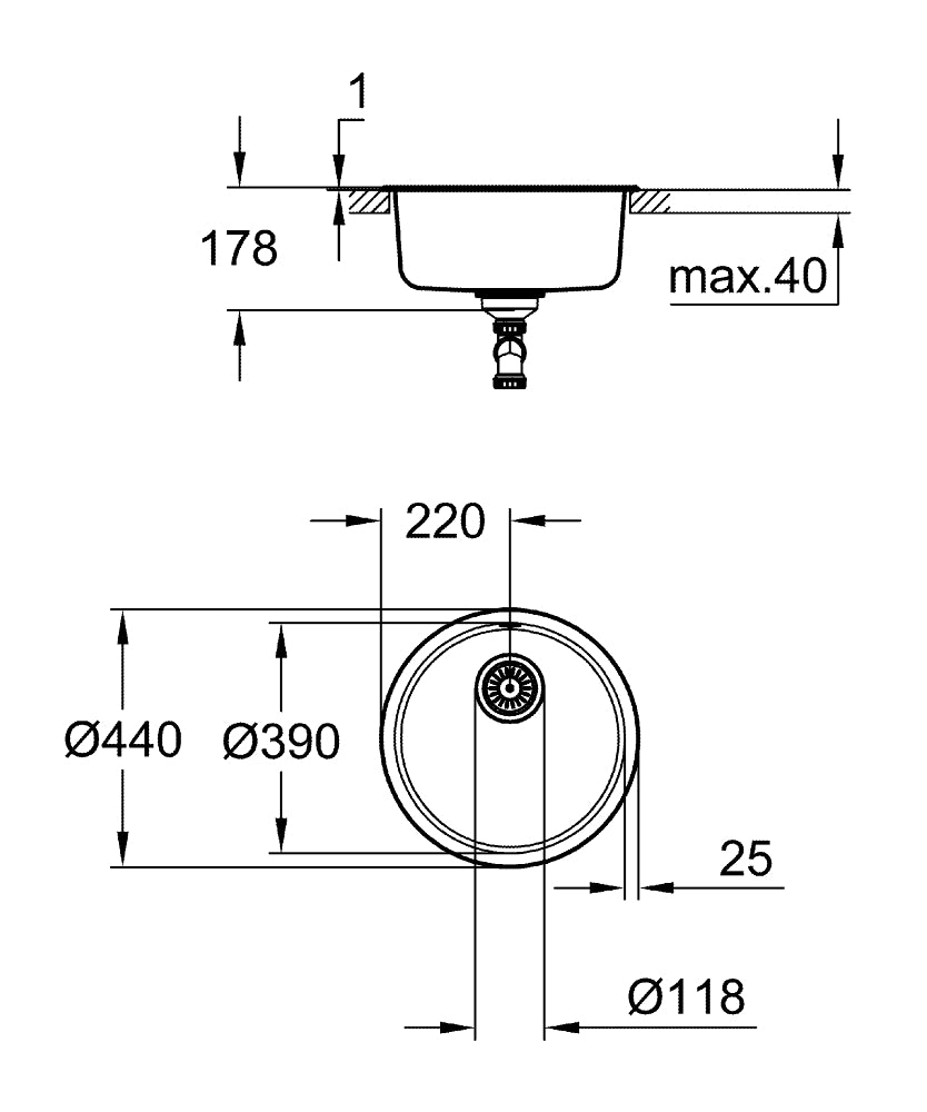 Grohe K200 Paslanmaz Çelik Eviye Paslanmaz Çelik - 31720SD0 teknik çizim