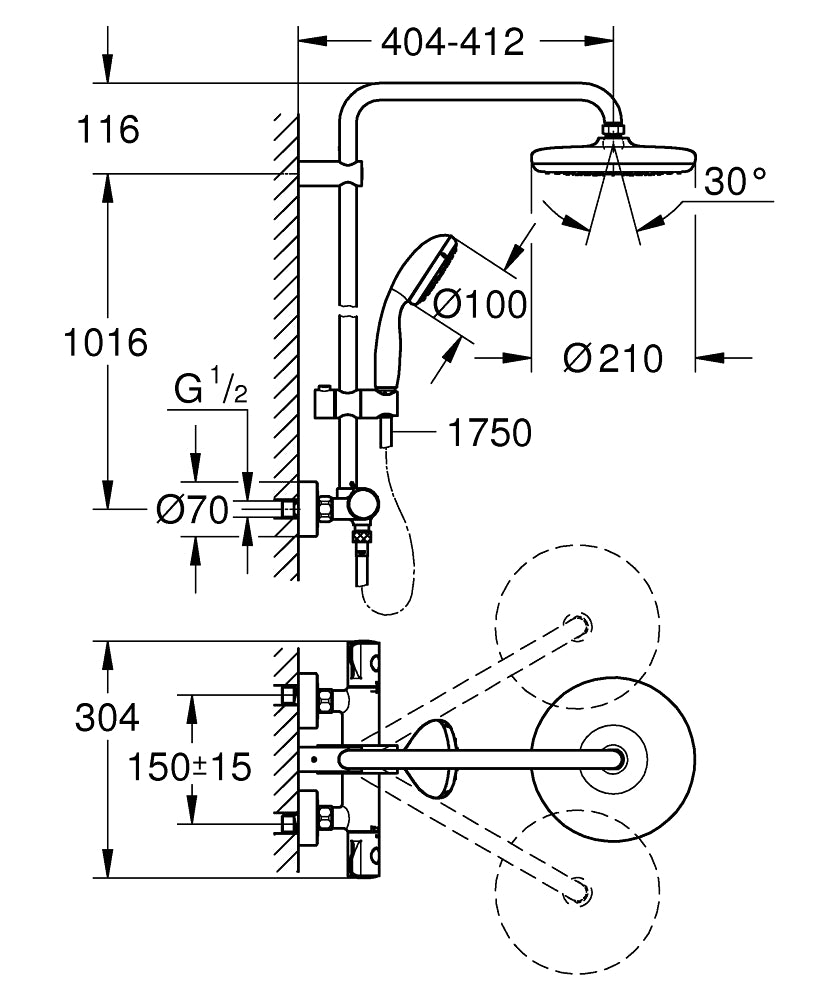 Grohe Bau System 210Duvara monte termostatlı duş sistemi - 26699000 teknik çizim