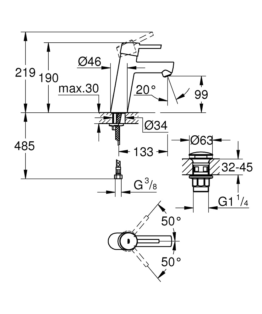 Grohe Concetto Tek Kumandalı Lavabo Bataryası  M- Boyut - 23932001 teknik çizim