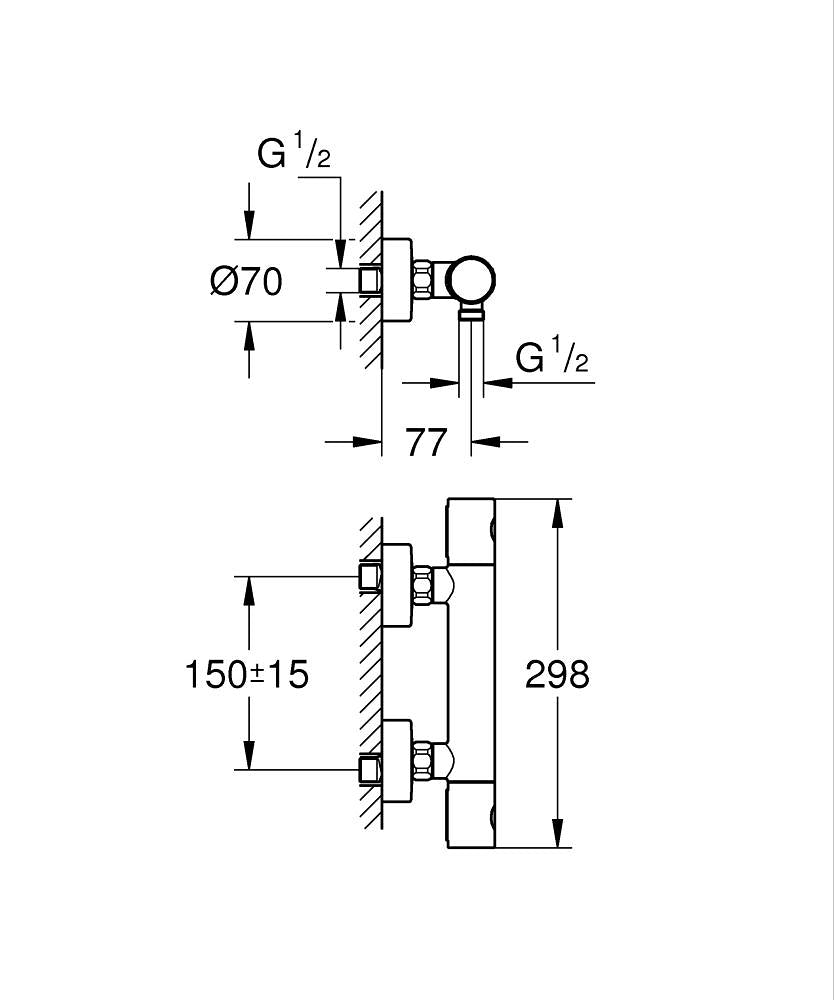 Grohe Grohtherm 800  Cosmopolitan Termostatik Duş Bataryası - 34765000 teknik çizim