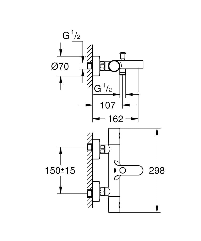 Grohe Grohtherm 800 Cosmopolitan Termostatik Banyo Bataryası 34766000 teknik çizim
