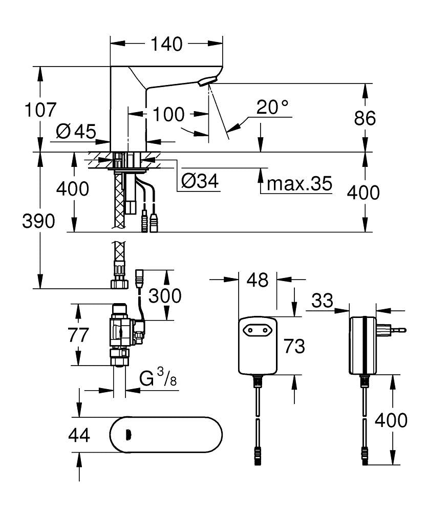 Grohe Fotoselli Lavabo Bataryası Elektrikli tek su giriş 36269000 teknik çizim