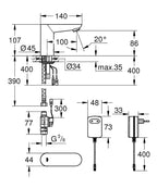 Grohe Fotoselli Lavabo Bataryası Elektrikli tek su giriş 36269000 teknik çizim