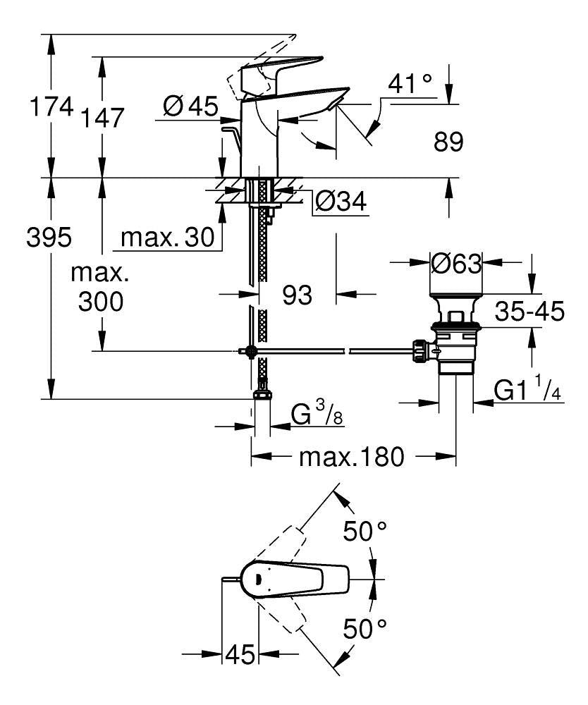 Grohe Lavabo Bataryası BauEdge S-Boyut Krom – 23328001 teknik çizim