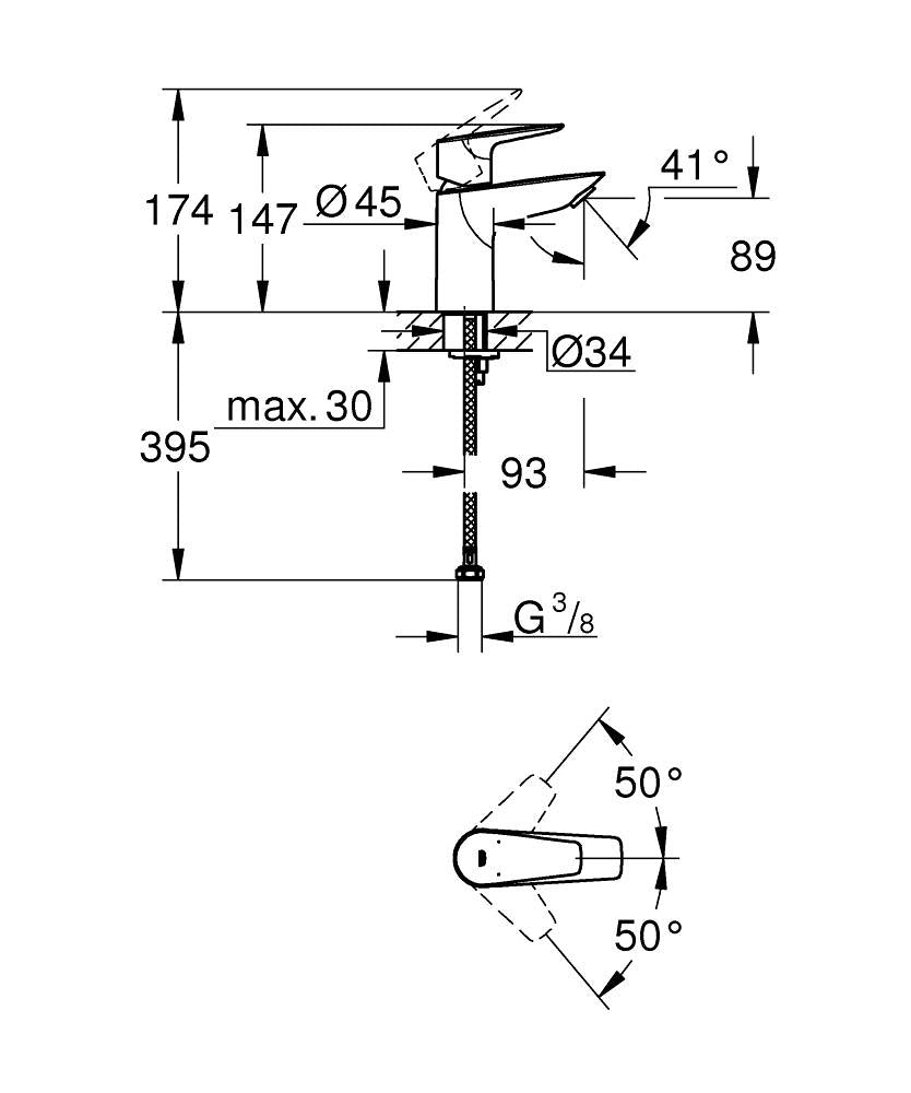 Grohe Bauedge Tek Kumandalı Lavabo Bataryası S-Boyut - 23330001 teknik çizim
