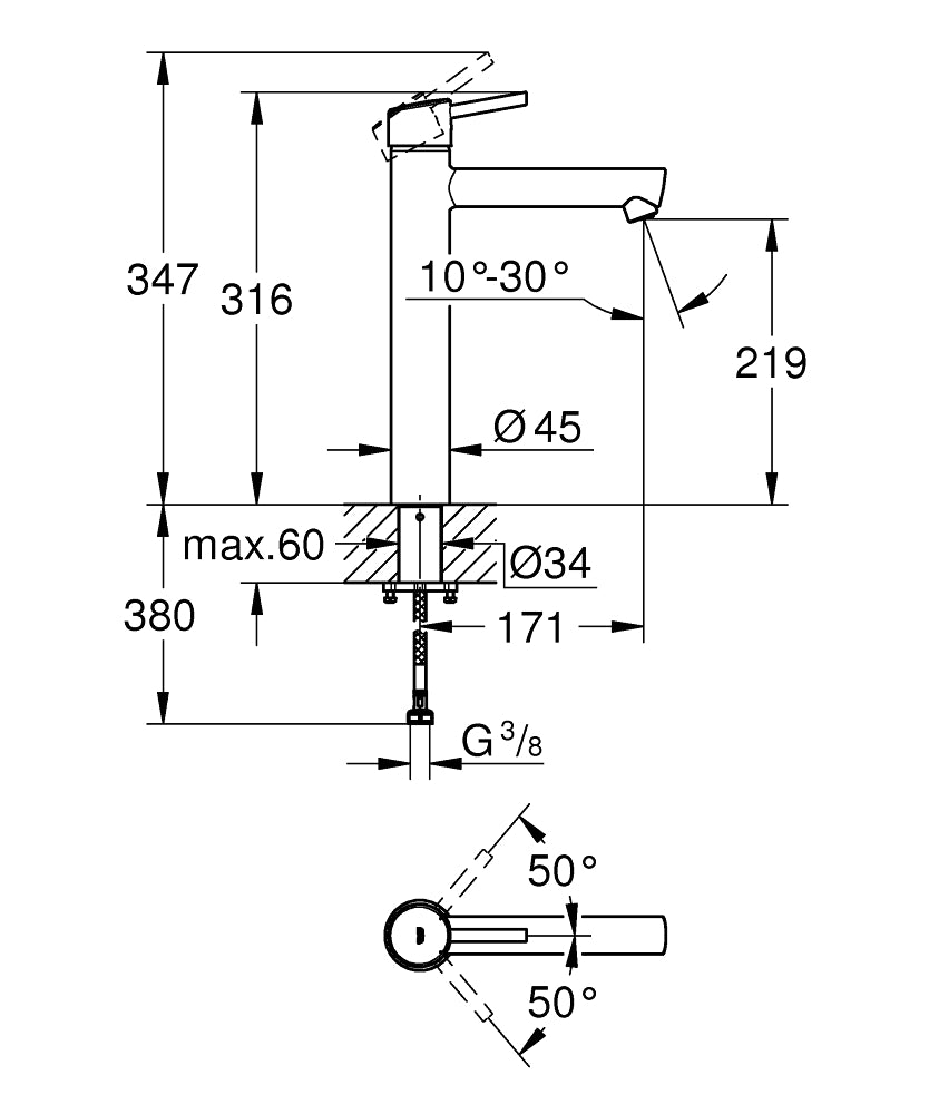 Grohe Çanak Lavabo Bataryası Concetto XL Boyut Krom - 23920001 teknik çizim