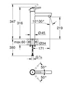 Grohe Çanak Lavabo Bataryası Concetto XL Boyut Krom - 23920001 teknik çizim
