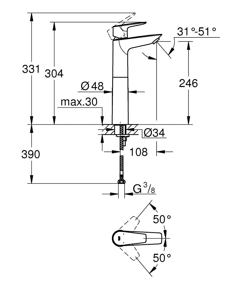 Grohe Bauedge Tek Kumandalı Lavabo Bataryası Xl-Boyut 23761001 teknik çizim