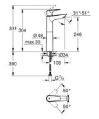 Grohe Bauedge Tek Kumandalı Lavabo Bataryası Xl-Boyut 23761001 teknik çizim