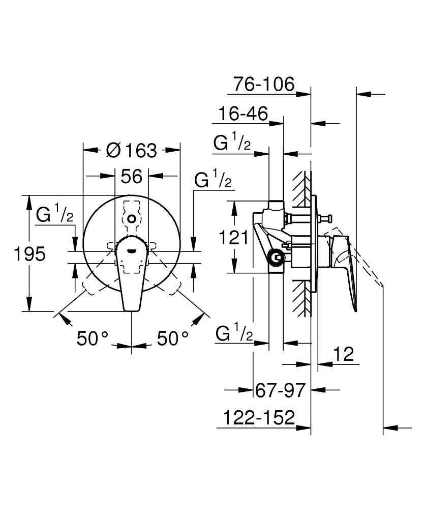 Grohe Bauedge Tek Kumandalı Banyo Bataryası 29079001 teknik çizim