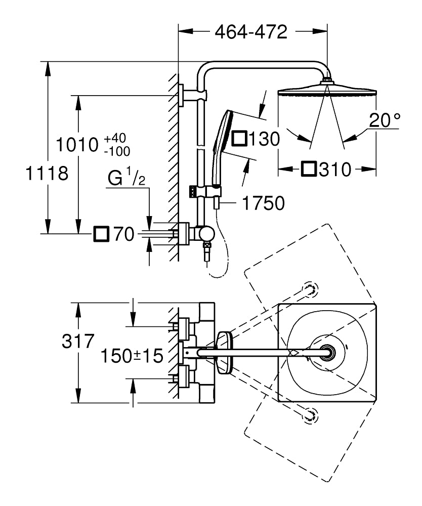 Grohe Rainshower Smartactive 310 Duvara Monte Termostatik Bataryalı Duş Sistemi - 26652000 teknik çizim