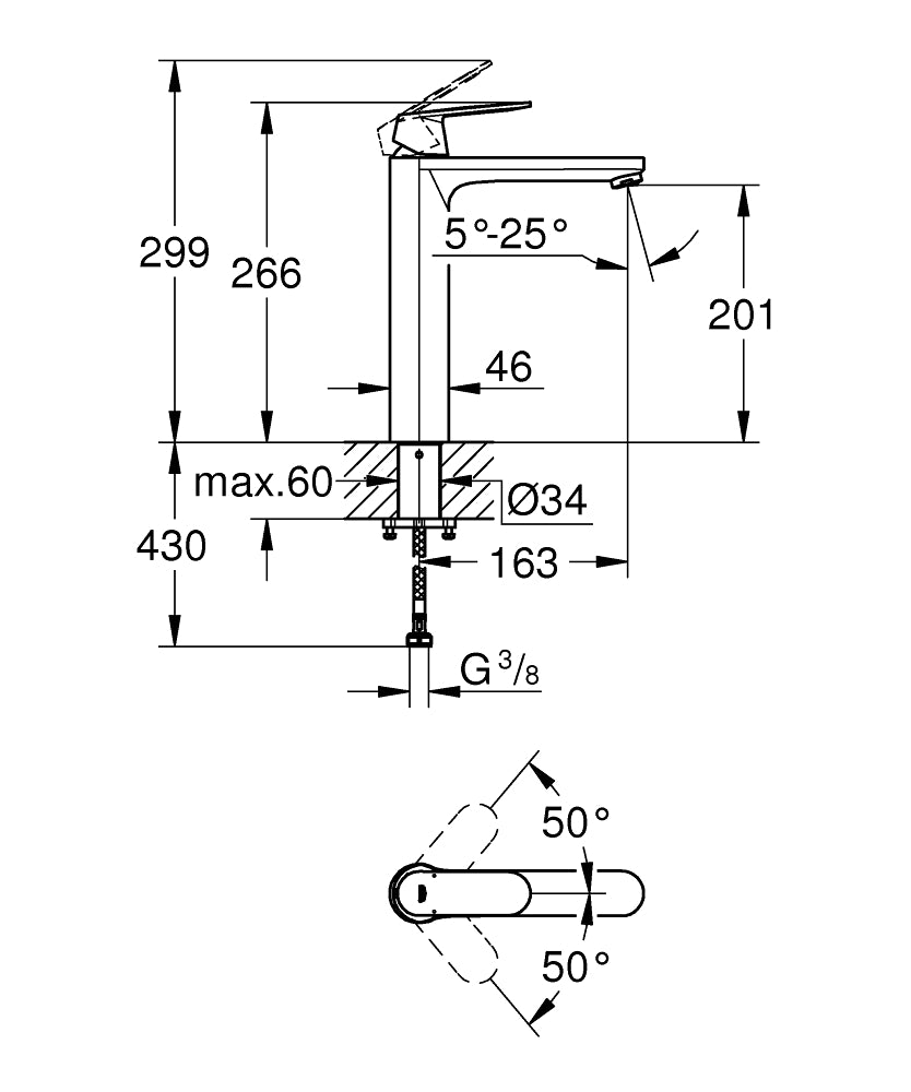 Grohe Çanak Lavabo Bataryası Eurocosmo XL Boyut Krom - 23921000 teknik çizim