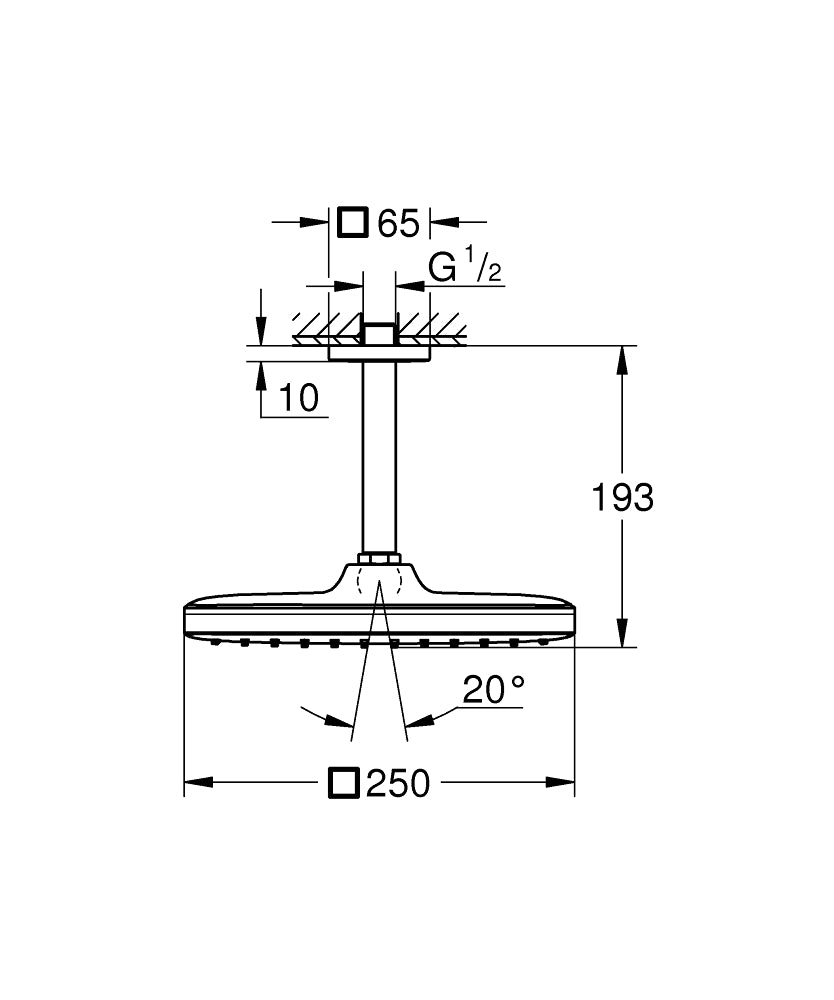 Grohe Tempesta 250 Cube Tepe Duşu Set 142 mm, Tek Akışlı Mat Siyah - 266882430 teknik çizim
