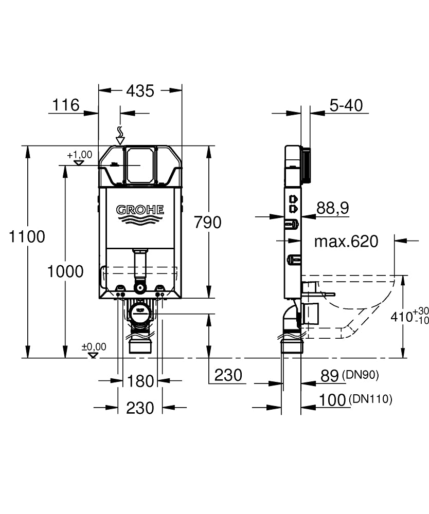 Grohe Gömme Rezervuar Uniset Pnömatik 89 cm Ayak Hariç - 39683000 teknik çizim